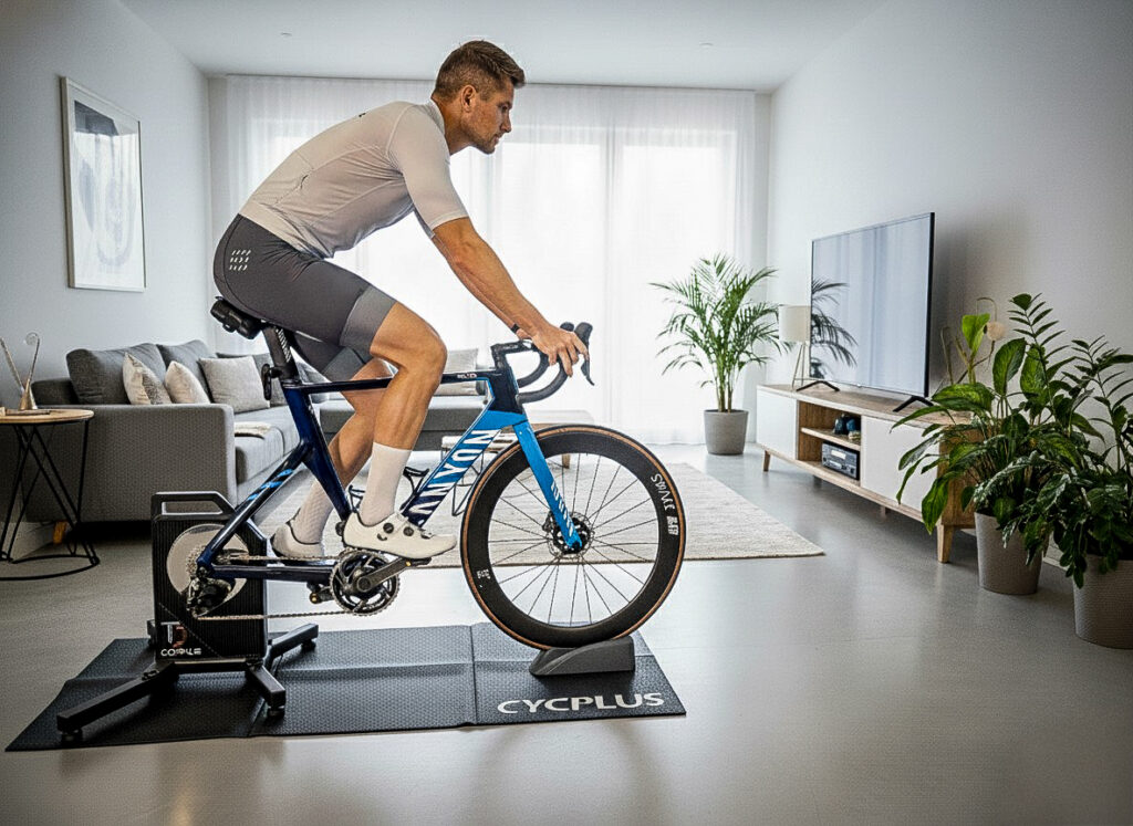 Mężczyzna trenujący na trenażerze rowerowym Cycplus T2